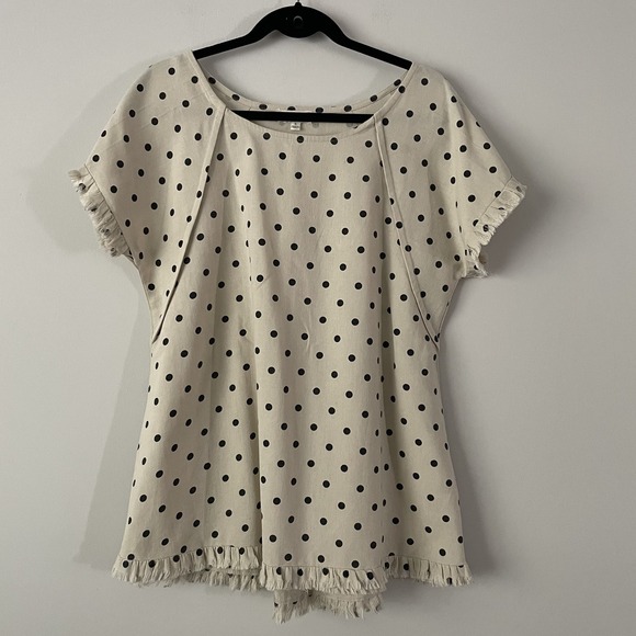 Umgee Tops - Umgee Linen Cotton Polka Dot Boxy Top Ivory Size S Canvas Fringe Twee Oversized